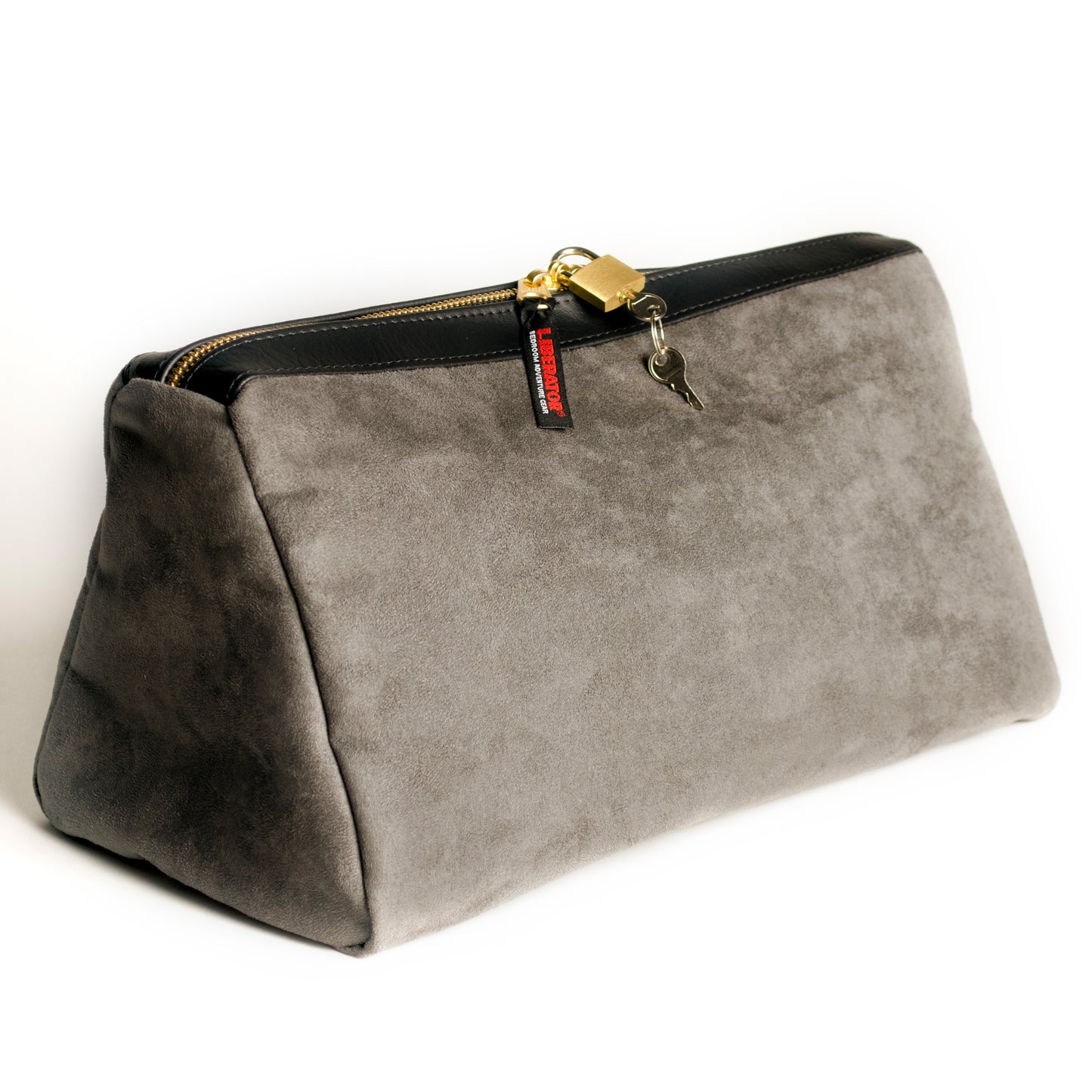 A charcoal Tallulah Locking Toy Bag by Liberator with key and lock against a white background.