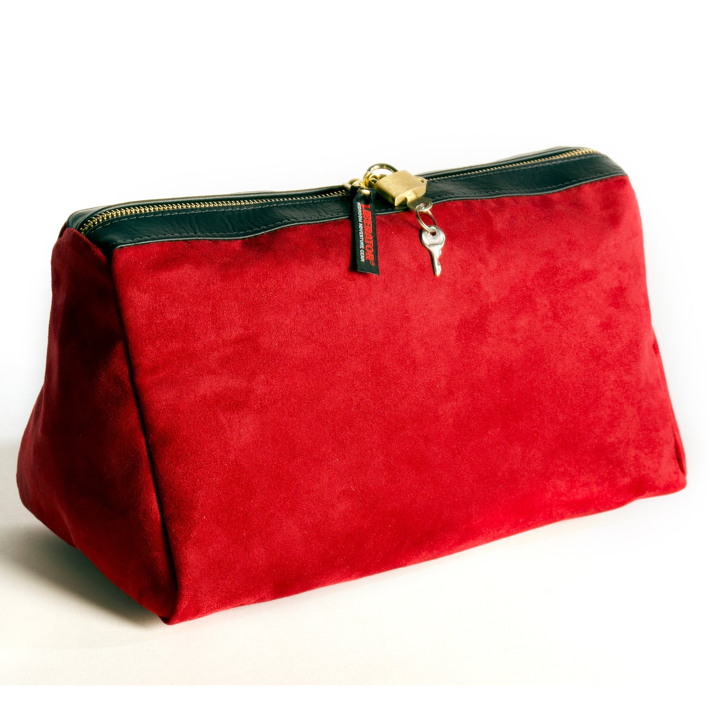 A cinnabar red Tallulah Locking Toy Bag by Liberator with key and lock against a white background.