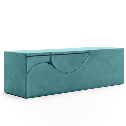 A teal Aria Flip Chaise by Liberator folded into a bench against a white background.