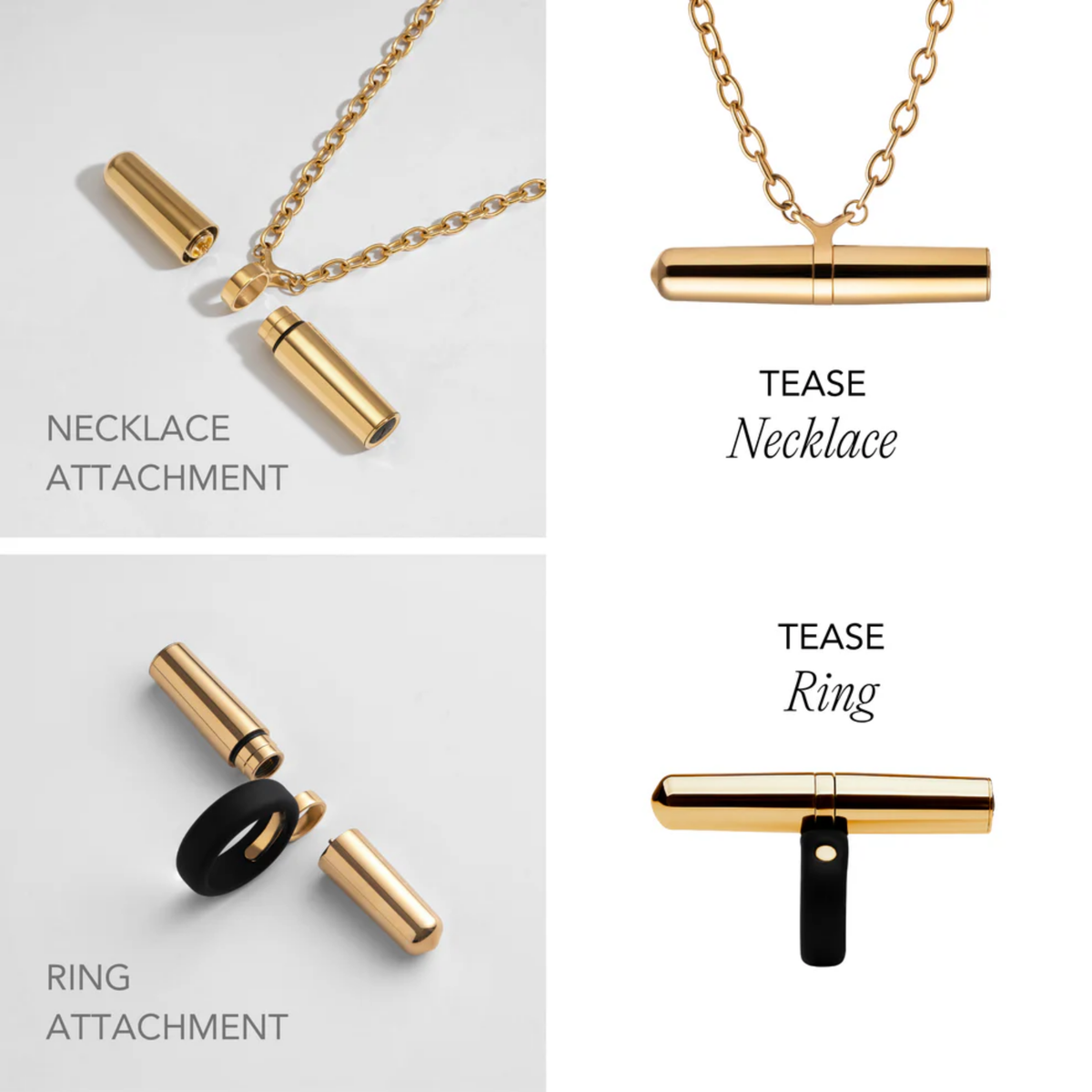 4 pictures of the 24k Gold Vibrator Necklace and Ring from the Tease Collection showing how it comes apart.