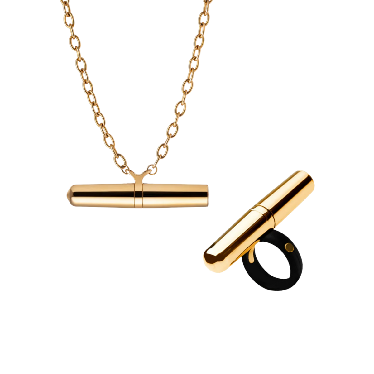 A 24k Gold Vibrator Necklace and Ring from the Tease Collection.