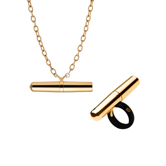 A 24k Gold Vibrator Necklace and Ring from the Tease Collection.
