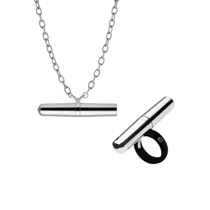 A silver Vibrator Necklace and Ring from the Tease Collection.