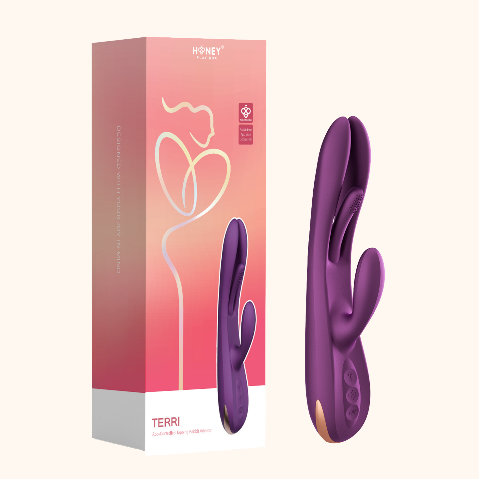 A purple dual-Action Terri vibrator against a white background next to the box.