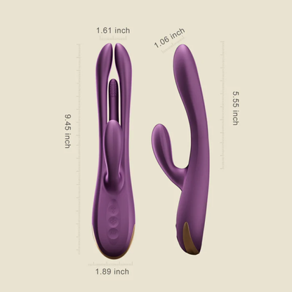 A purple dual-Action Terri vibrator against a white background showing the dimensions.
