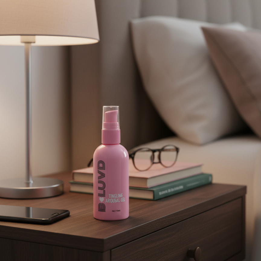 A pink bottle of B-luvd tingling Arousal Gel on a bedside table.
