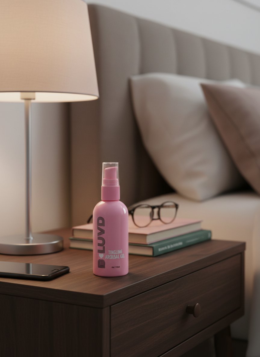 B-luvd tingling Arousal Gel on a bedside table 