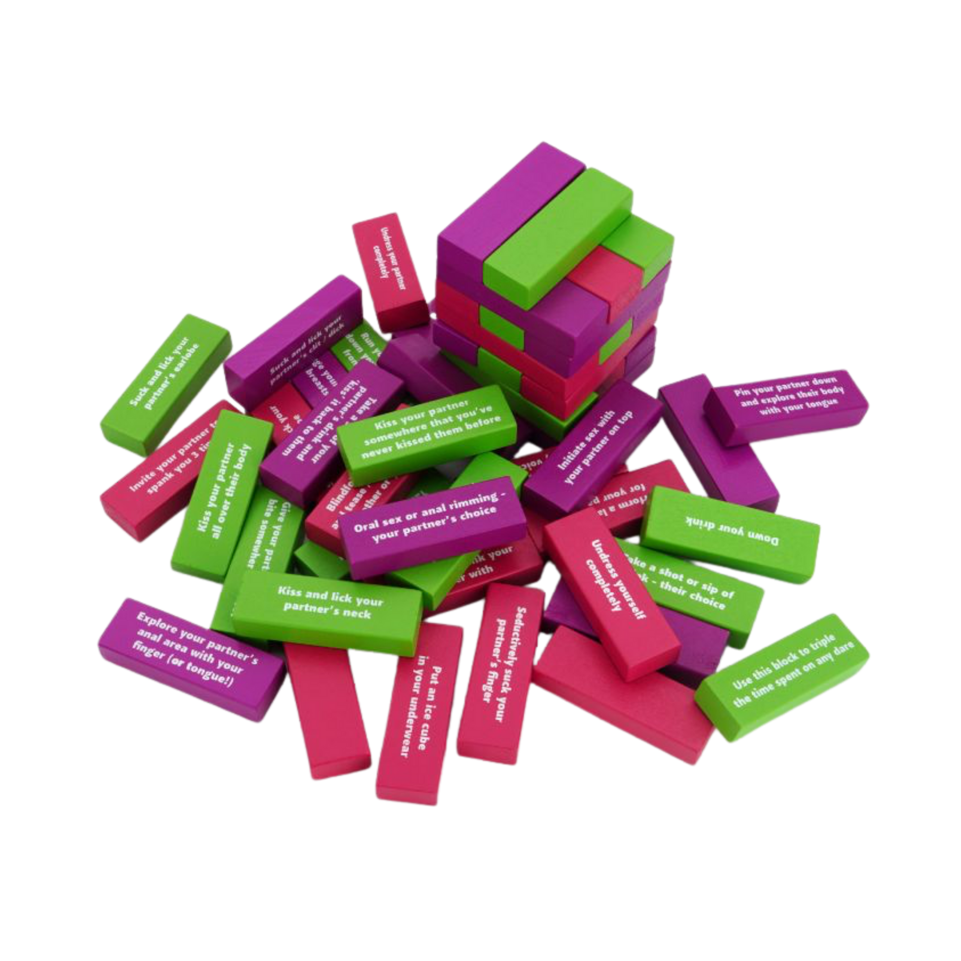 Colorful blocks of Tower of Pleasure in a pile with sexy commands on them.