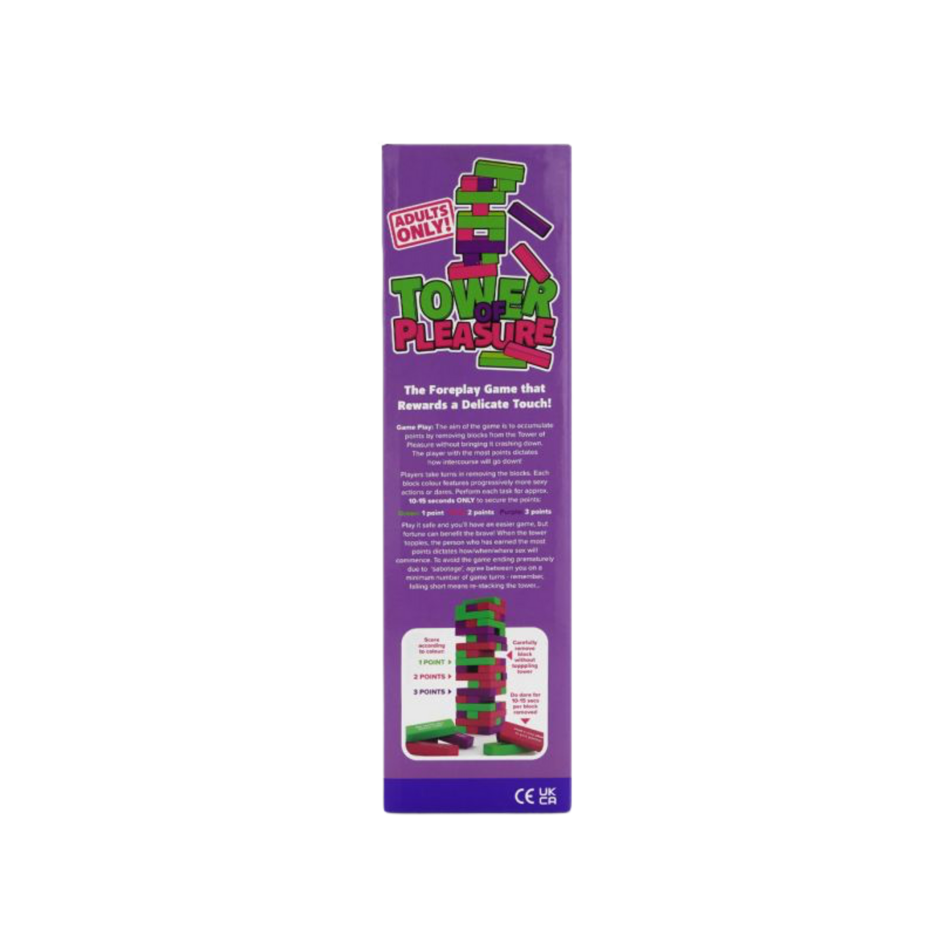 The back of the Tower of Pleaure Jenga sex game box.
