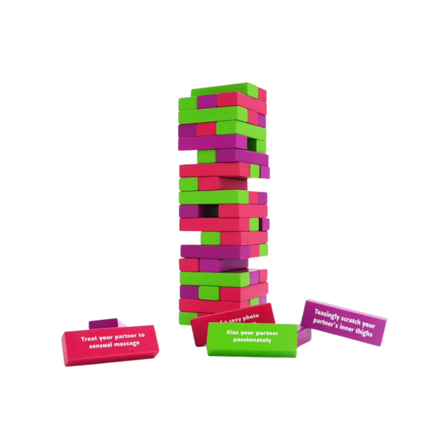 Colorful blocks of Tower of Pleasure with sexy commands in a tower like a Jenga set.