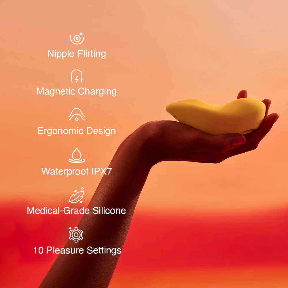 A hand holding a yellow Tremble clitoral vibrator by Liberator against a orange background showing the description.