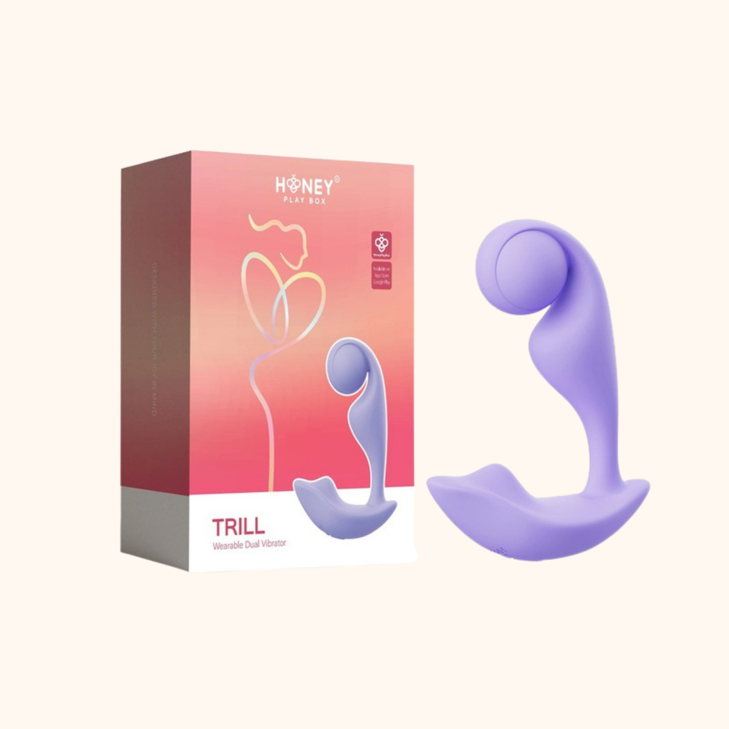 Purple Trill vibrator against a white background next to the box.