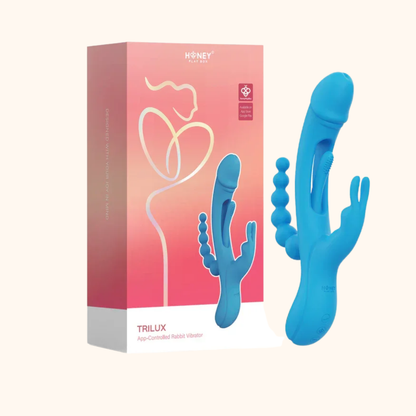 A blue Trilux vibrator against a white background next to the box.