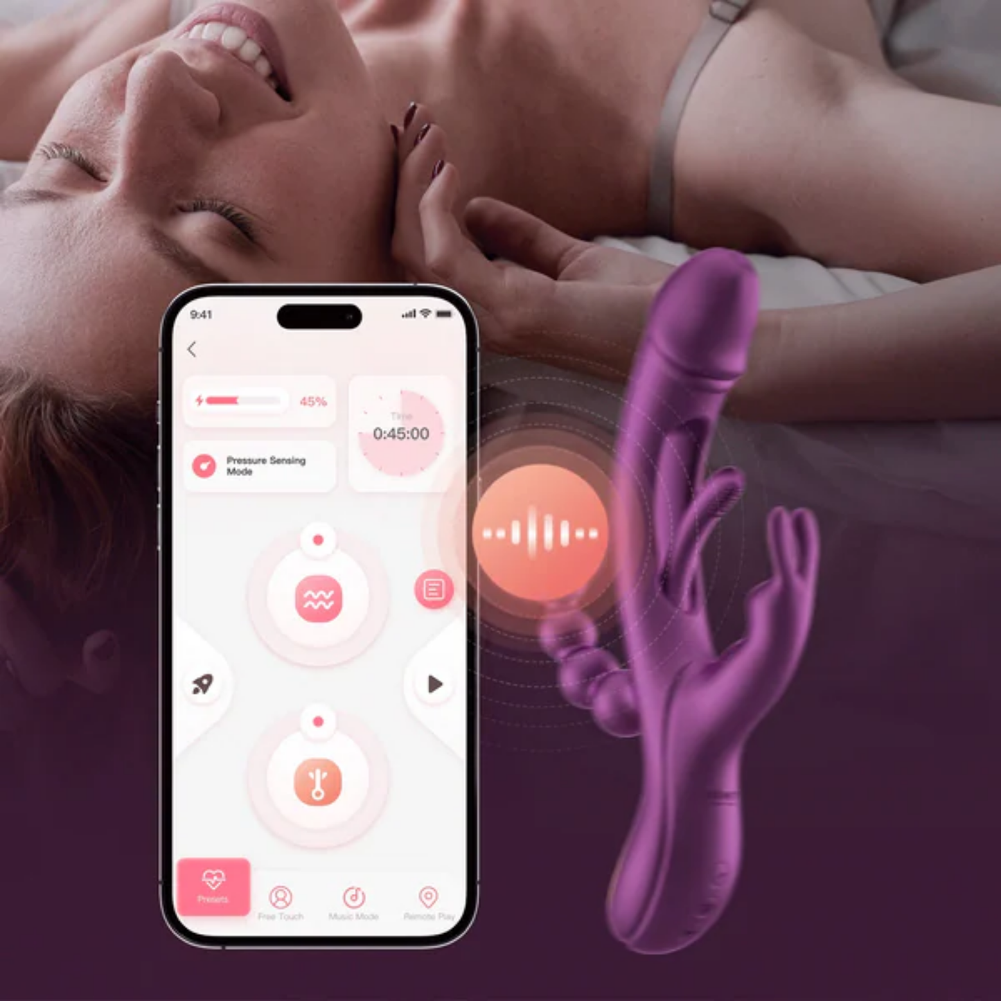 A purple Trilux vibrator against purple background next to a phone showing it is app controlled.