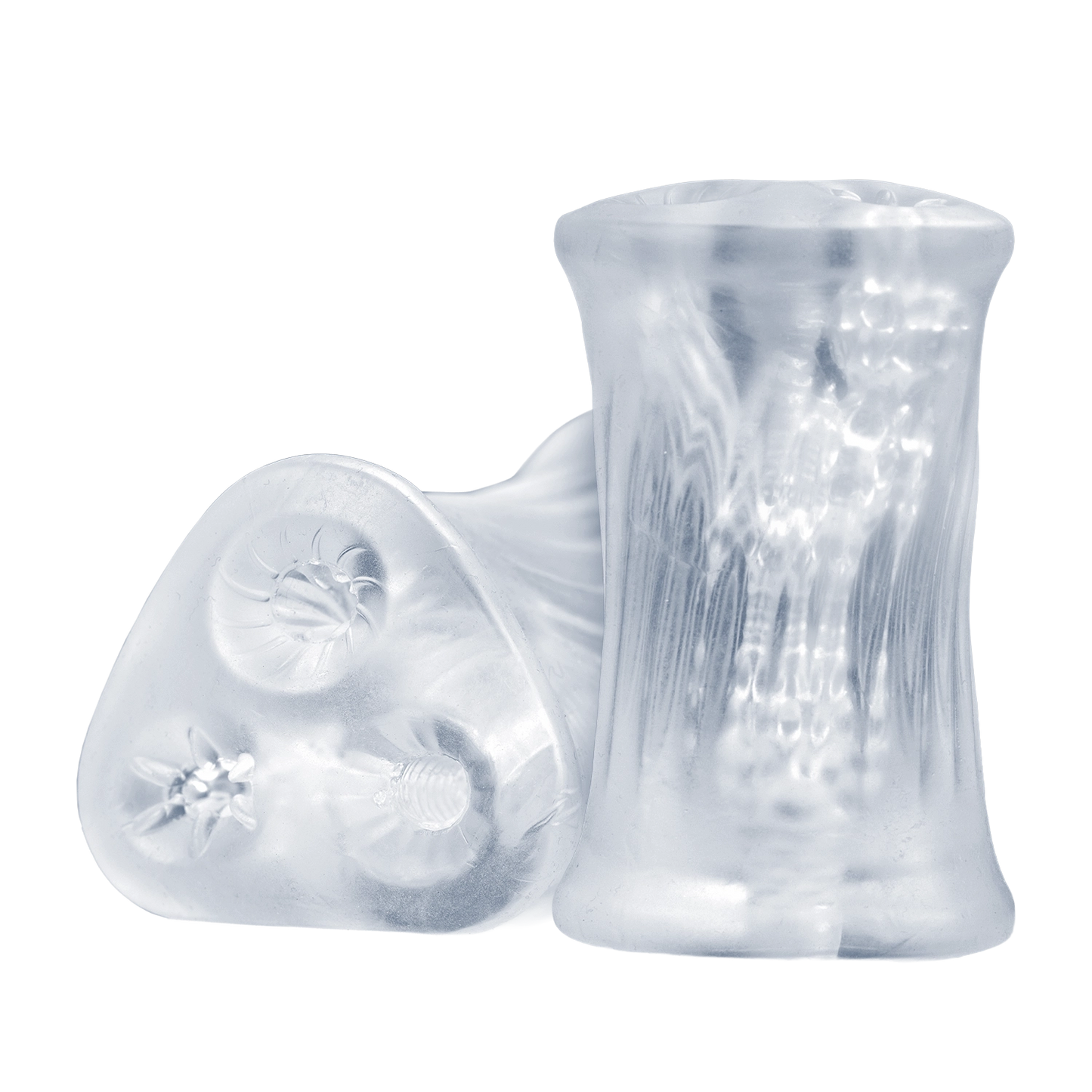 Two clear Cyclone Triple Chamber Strokers showing the side and top views of the chambers.