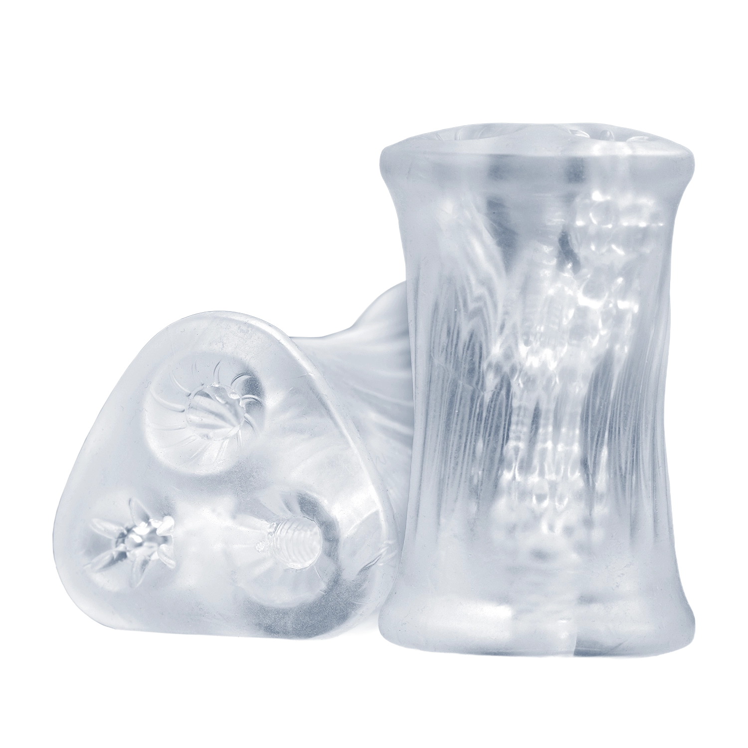 Two clear Cyclone Triple Chamber Strokers showing the side and top views of the chambers.