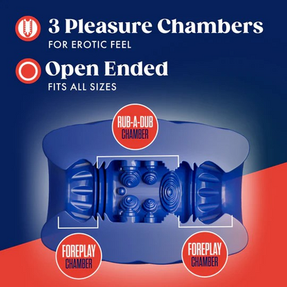 The interior of a blue textured male sleeve on a blue and red background showing the chamber.