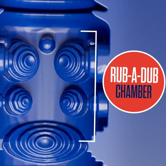 The interior of a blue textured male sleeve on a blue background.