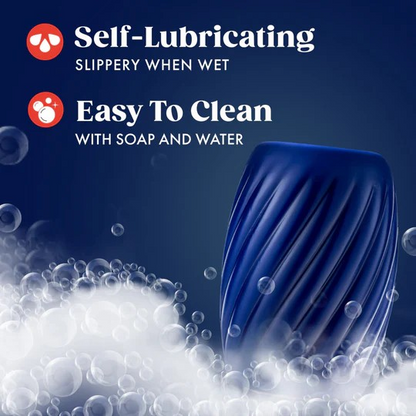 A blue textured male sleeve on a blue background with bubbles showign that it is easy to clean and self-lubricating.
