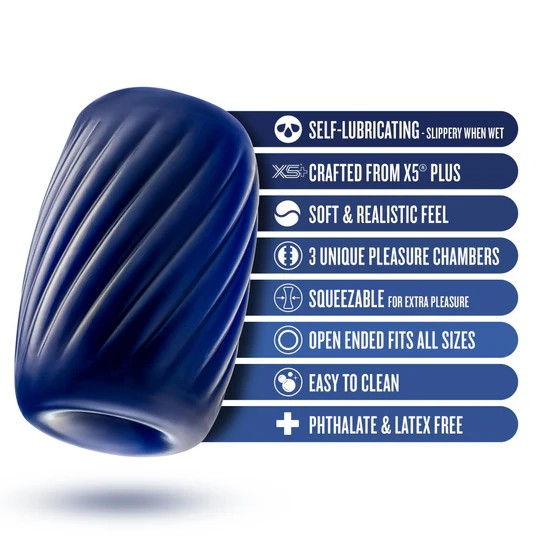 A blue textured male sleeve on a blue background with the description.