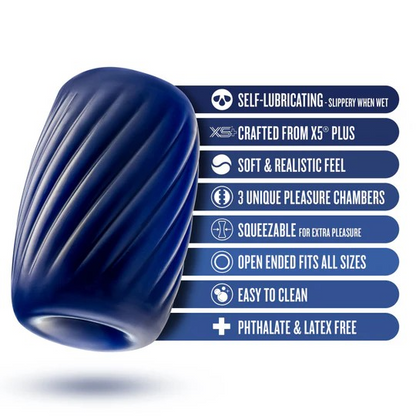 A blue textured male sleeve on a blue background with the description.