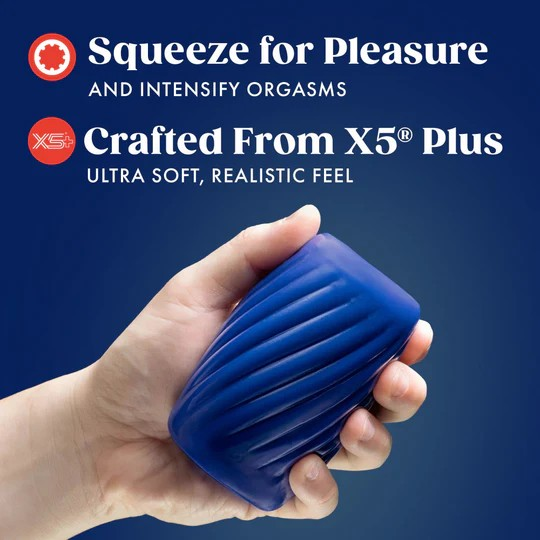 A hand holding a blue textured male sleeve on a bule background showing the description.