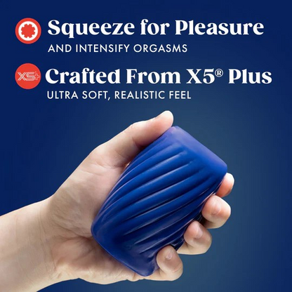 A hand holding a blue textured male sleeve on a bule background showing the description.