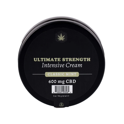 A the lid of a black bottle Classic Mint of Ultimate Strength Intensive muscle cream.