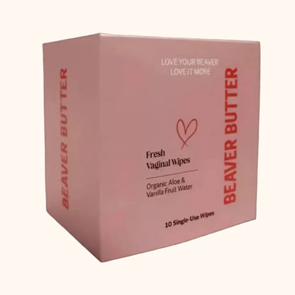 A pink box of Beaver Butter Fresh Vaginal Wipes by ECN against a white background.
