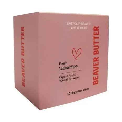 A pink box of Beaver Butter Fresh Vaginal Wipes by ECN against a white background.