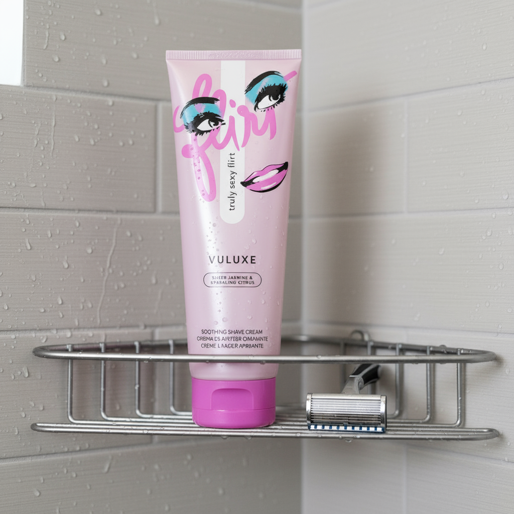 Vuluxe shaving cream in a Flirt scent next to a razor in a shower.