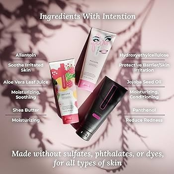 Vuluxe Shave Cream products with ingredients listed on a blurred natural background