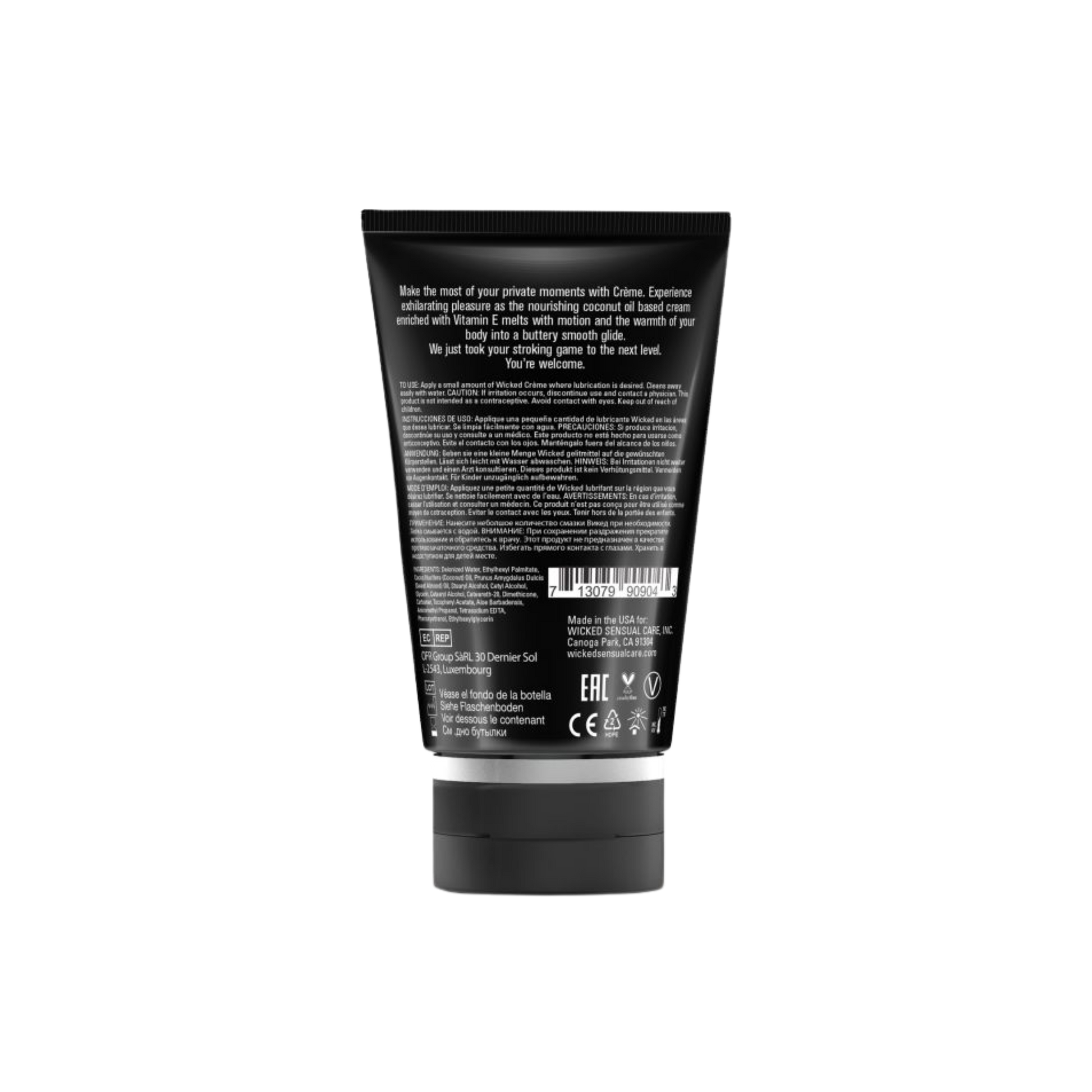 The back of a black bottle of Wicked Crème (Stroking Cream) by Wicked showing ingredients and directions.