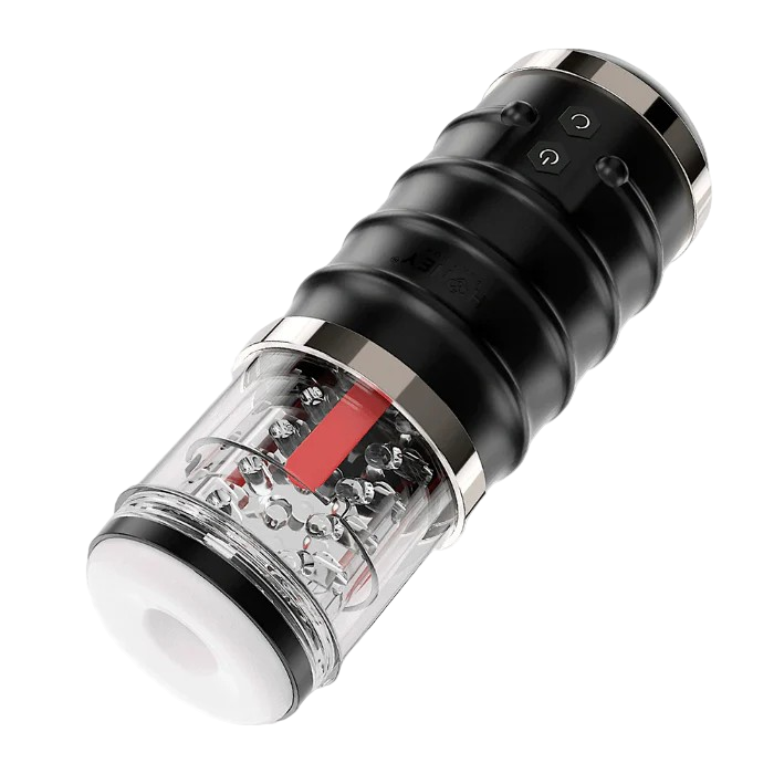 Black and clear electronic device with red light on a white background