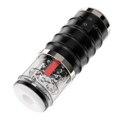 Black and clear electronic device with red light on a white background