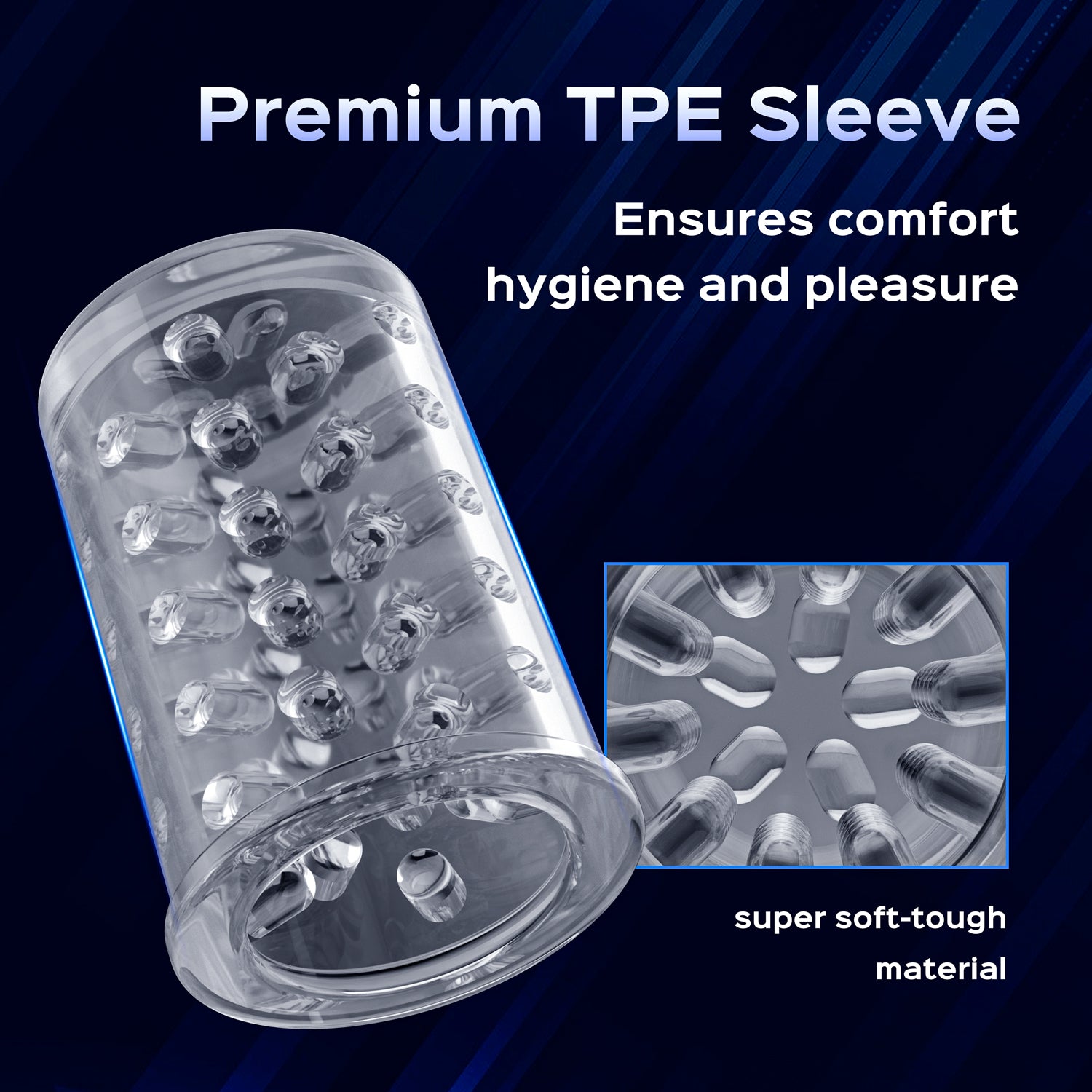 Clear TPE sleeve with textured surface on a dark blue background, featuring text about comfort, hygiene, and material properties.