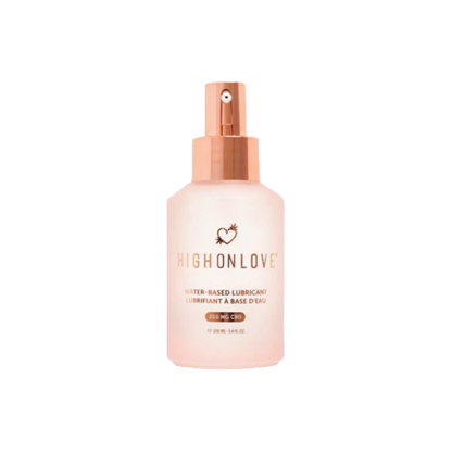 Bottle of High on Love water-based lubricant on a white background