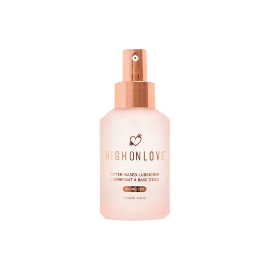 Bottle of High on Love water-based lubricant on a white background
