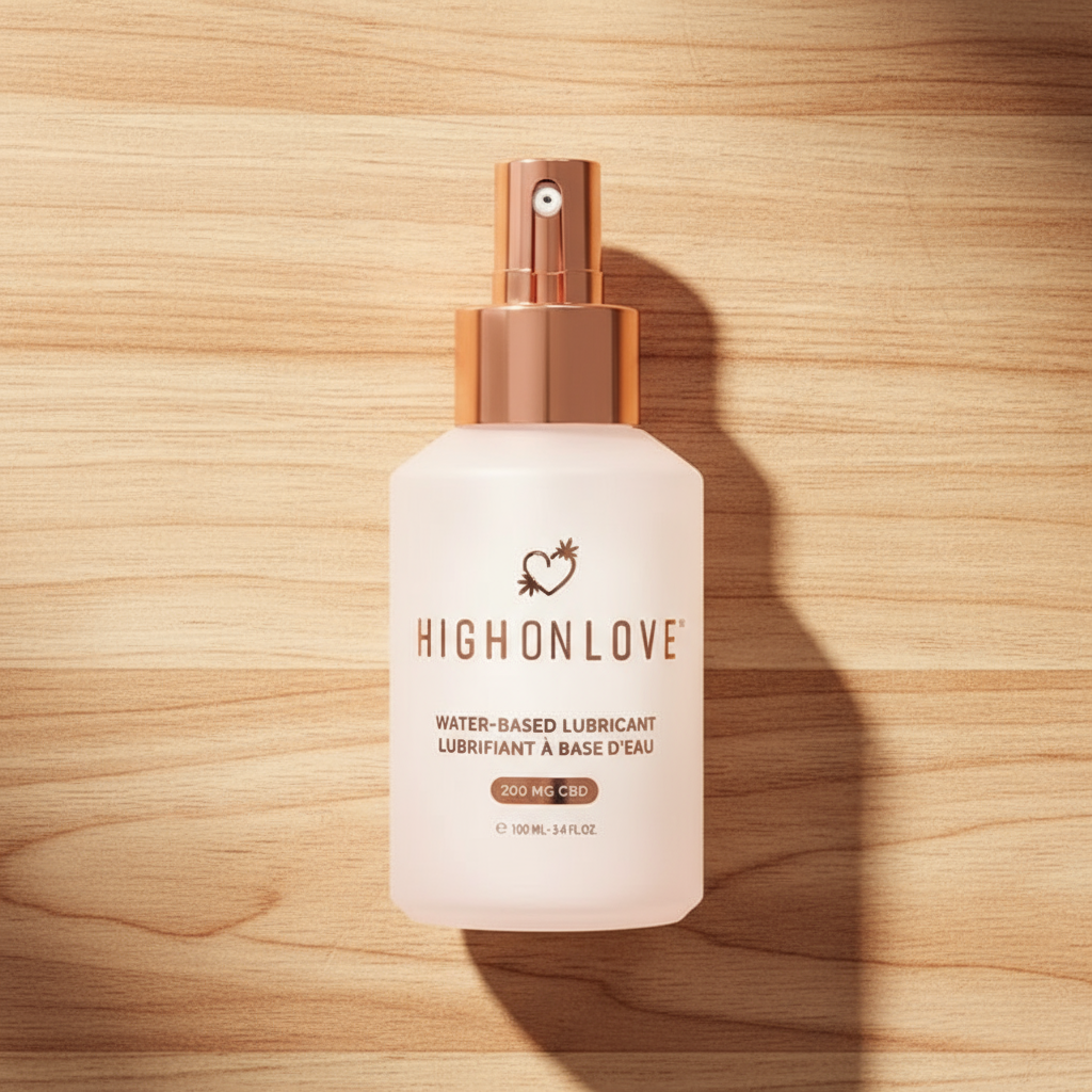 High On Love Water-Based lubricant bottle on a wooden background