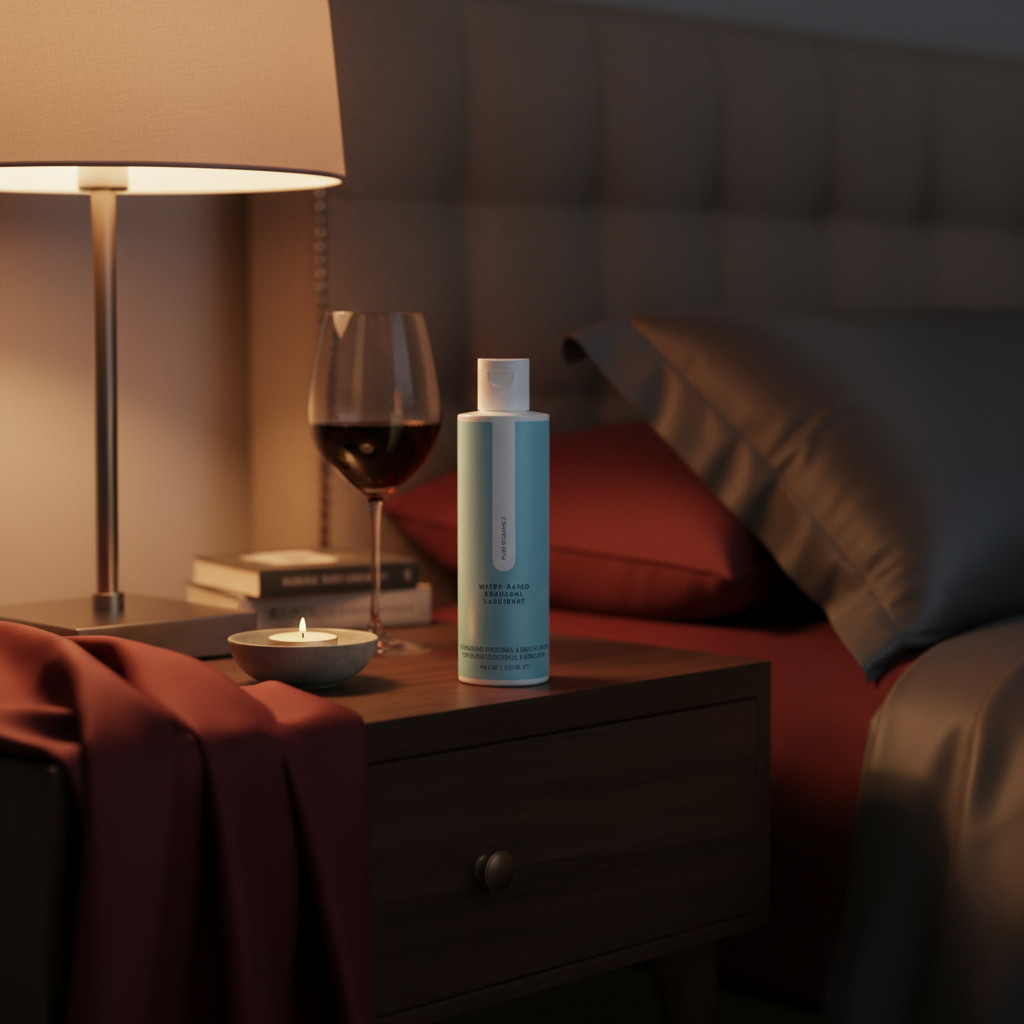 Water-based lubricant on bedside table next to a glass of wine.