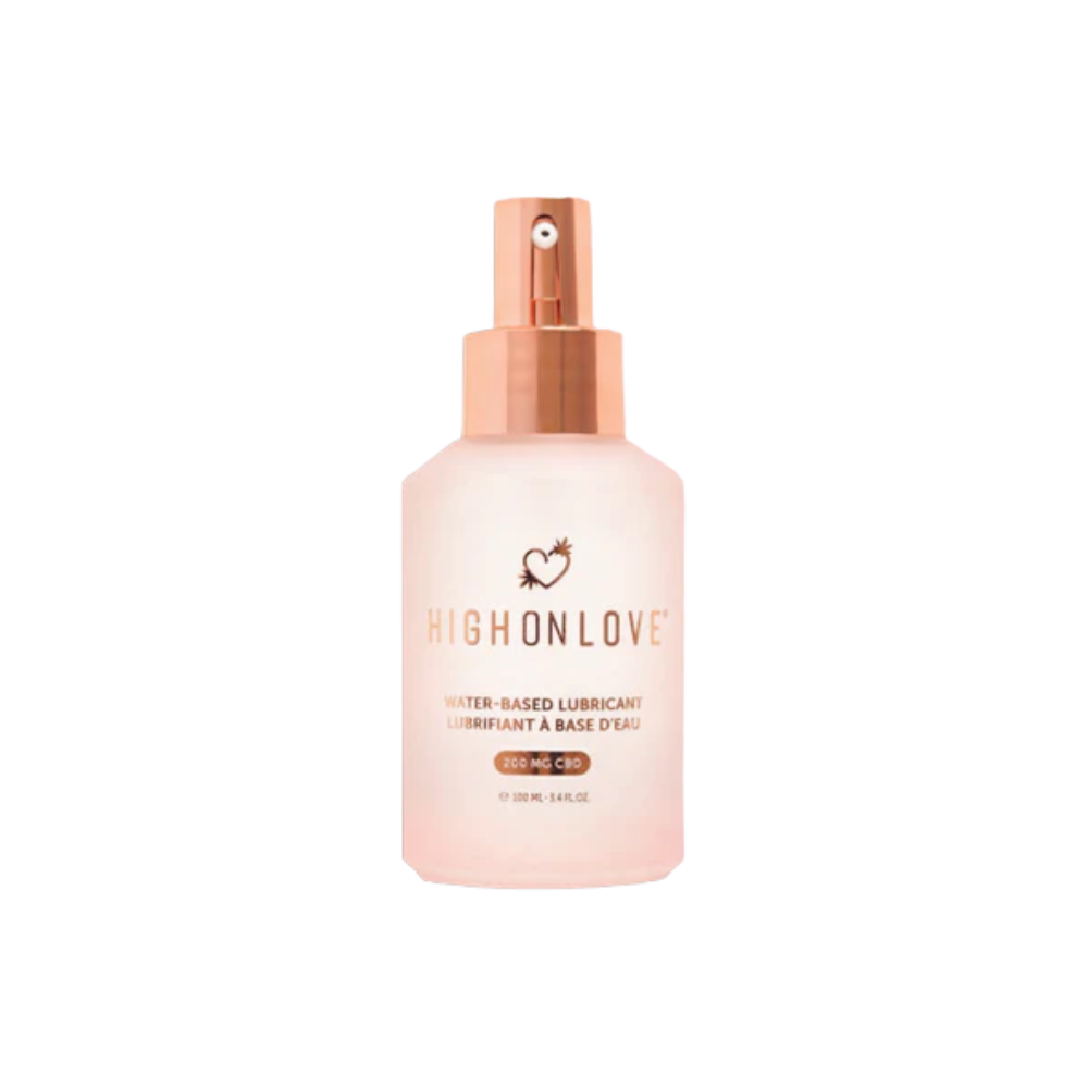 Bottle of High on Love water-based lubricant on a white background