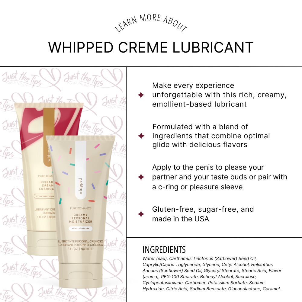A tube of Vanilla Cupcake and strawberry cheesecake Whipped Lubricant by Euforia on a white background with a description and ingredients