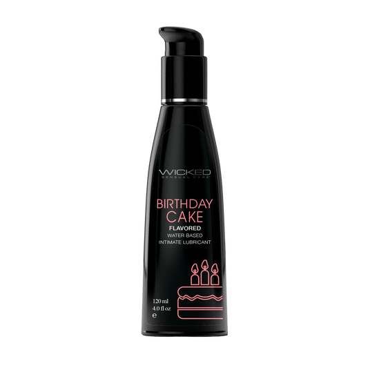 Black bottle of Wicked Birthday Cake Water-Based Lubricant against a white background.
