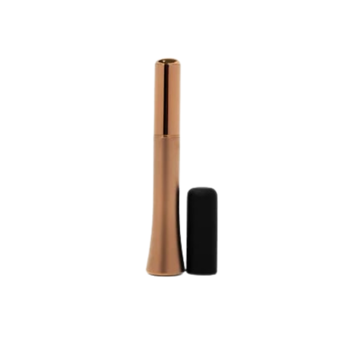 A Wink discreet vibrator in Rose Gold next to the black silicone cap.