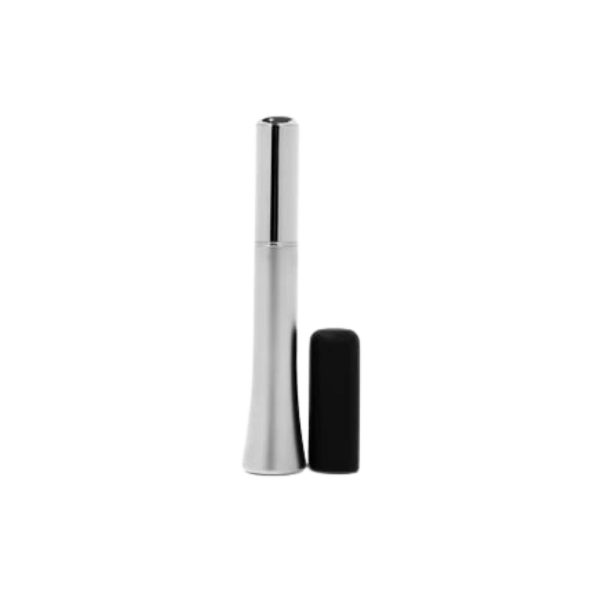 A Wink discreet vibrator in silver next to the black silicone cap.