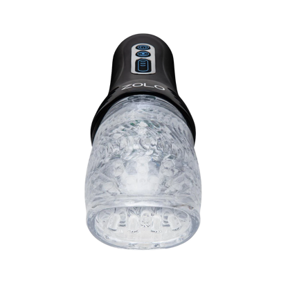 The top of a black Zolo Original Gwak Gwak Masturbator with a clear sleeve.