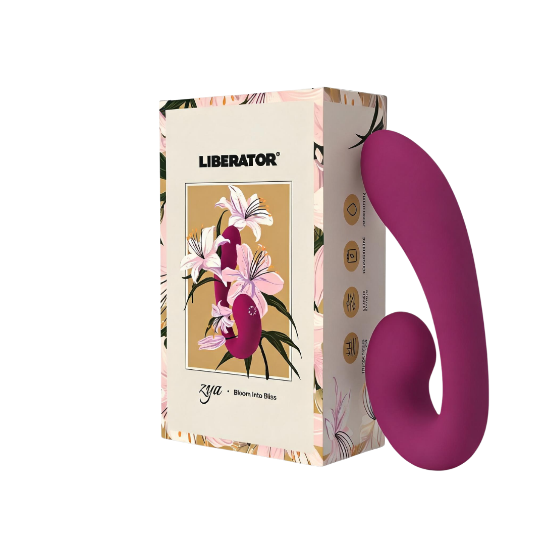 A purple Zya Vibrator sitting next to the box.