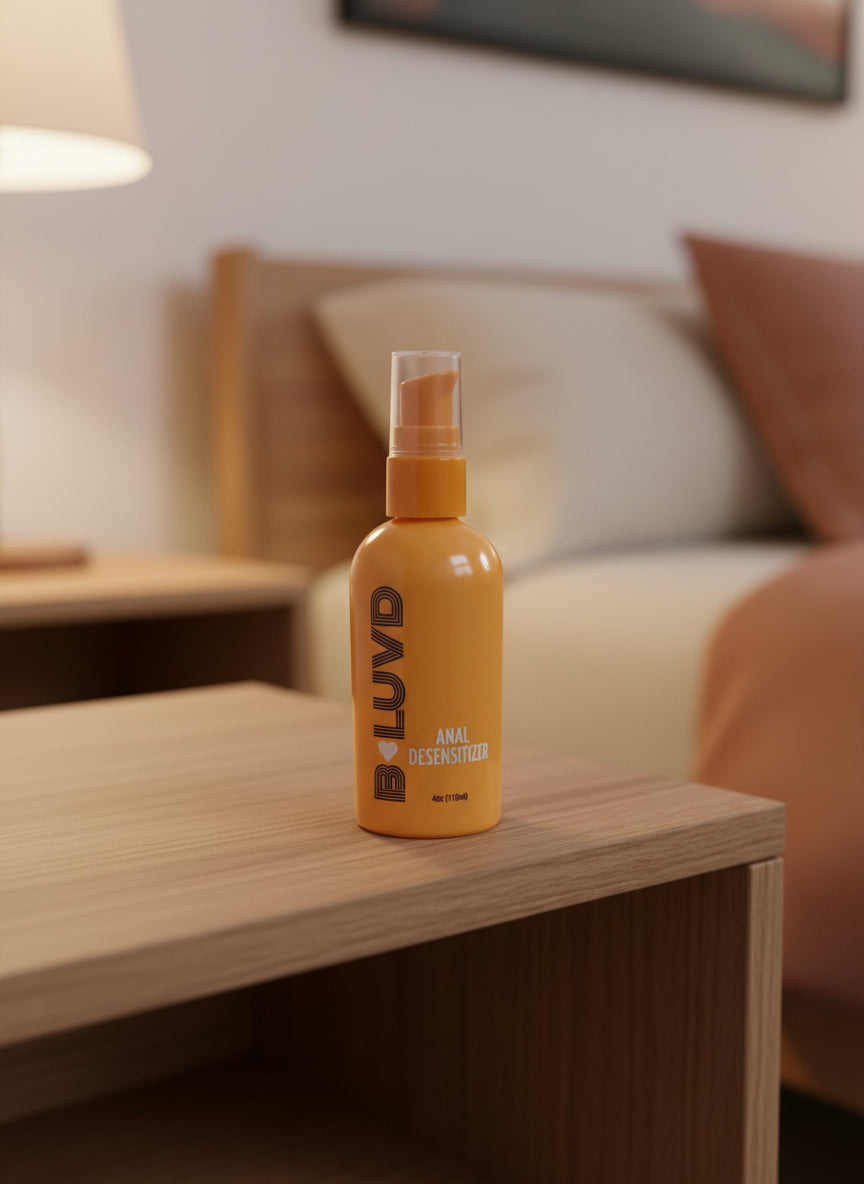 B-Luvd Anal Desensitizer on a bedside table 