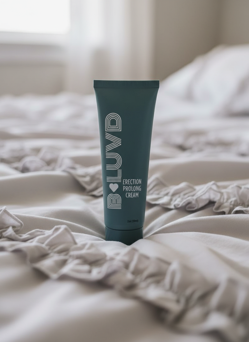 B-Luvd Prolong Cream on ruffled bed sheets 