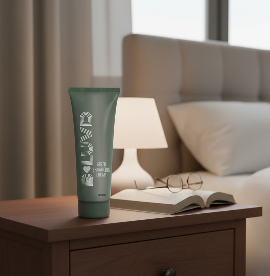 B-luvd girth Enhancement Cream on a bedside table 